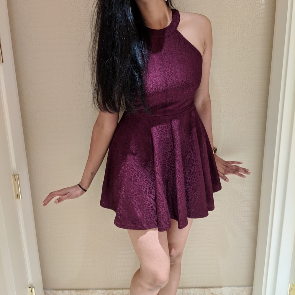 Sexy back less wine red dress